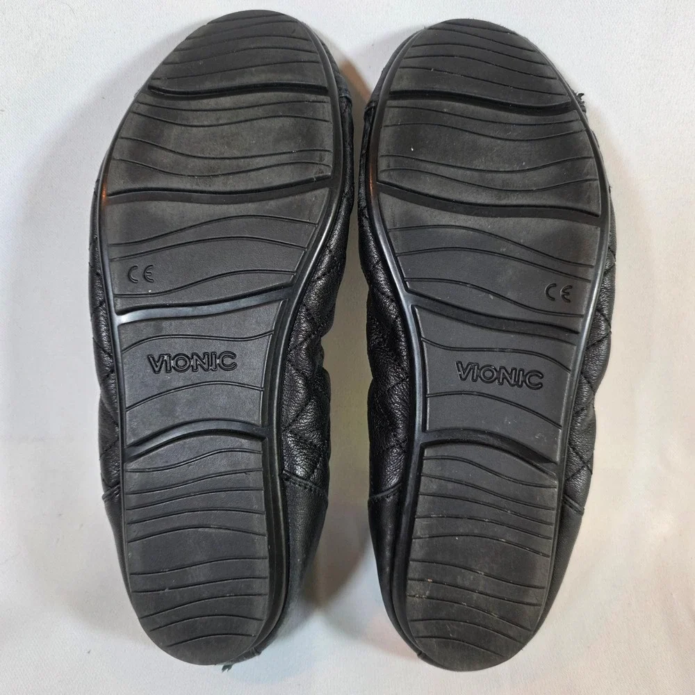 Vionic Ava Black Leather Quilted Cap Toe‎ Ballet Flats Womens 8.5 Minimalist